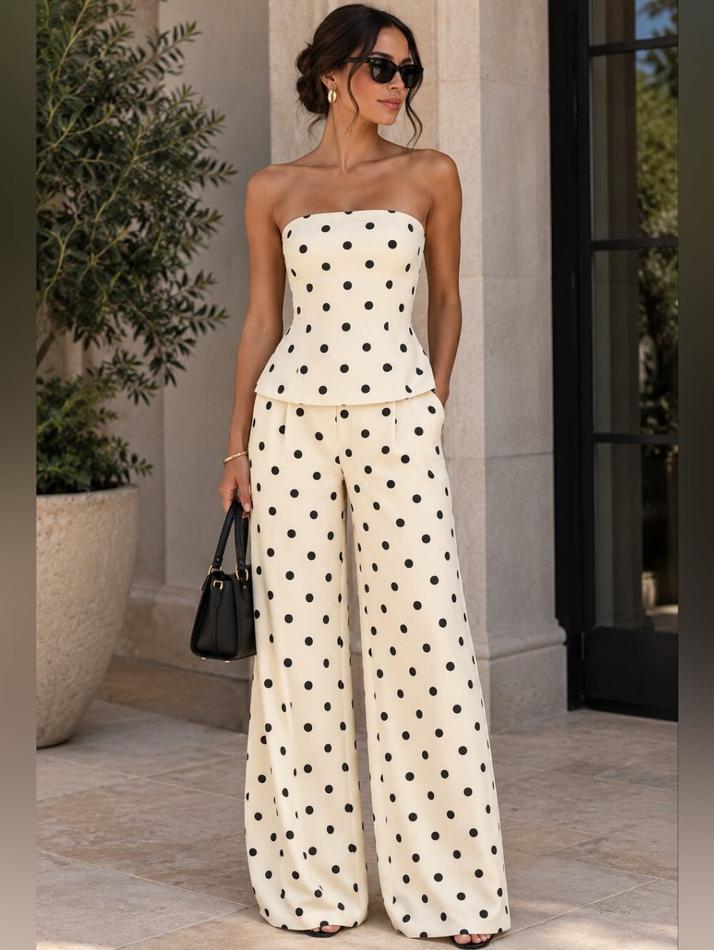 Polka Dot Strapless Wide-Leg Pants Set